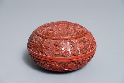 Two Chinese cinnabar lacquer boxes with dragons and figures in a landscape, 19/20th C.