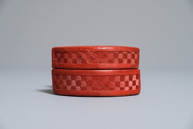 A Chinese cinnabar lacquer ingot-shaped box and cover, 18/19th C.