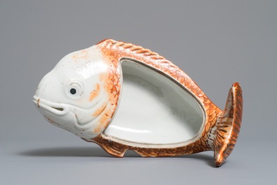 A rare Chinese iron red and gilt carp tureen and cover, Qianlong