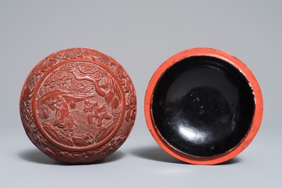 Two Chinese cinnabar lacquer boxes with dragons and figures in a landscape, 19/20th C.