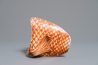 A rare Chinese iron red and gilt carp tureen and cover, Qianlong