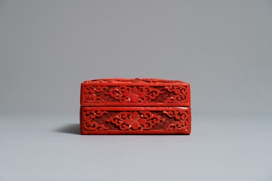A rectangular Chinese cinnabar lacquer box and cover with dragons, 19th C.