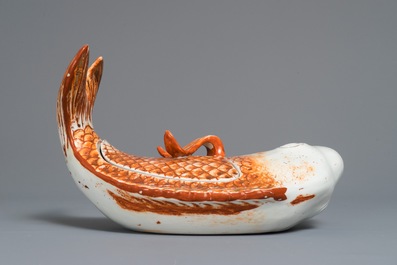 A rare Chinese iron red and gilt carp tureen and cover, Qianlong
