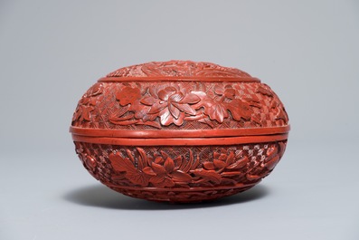 Two Chinese cinnabar lacquer boxes with dragons and figures in a landscape, 19/20th C.