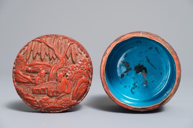 Two Chinese cinnabar lacquer covered boxes, one with Qianlong mark, 19/20th C.