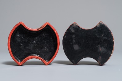 A Chinese cinnabar lacquer ingot-shaped box and cover, 18/19th C.