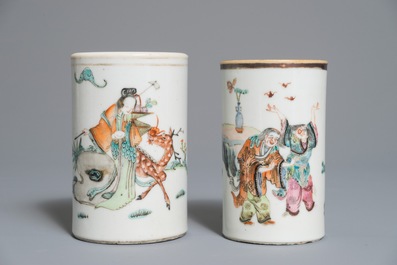 Two Chinese famille rose brush pots, a vase and a jardini&egrave;re, 19/20th C.