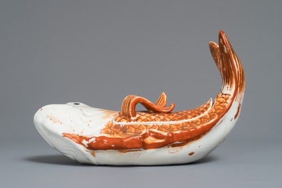 A rare Chinese iron red and gilt carp tureen and cover, Qianlong