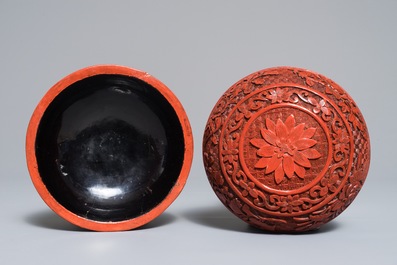 Two Chinese cinnabar lacquer boxes with dragons and figures in a landscape, 19/20th C.