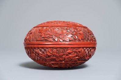 Two Chinese cinnabar lacquer boxes with dragons and figures in a landscape, 19/20th C.