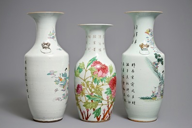 Three Chinese famille rose and qianjiang cai vases, 19/20th C.