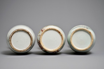 Three Chinese famille rose and qianjiang cai vases, 19/20th C.