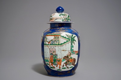 A Chinese famille verte on powder blue ground vase and cover, 19th C.