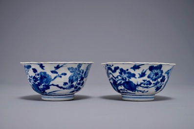 A pair of Chinese blue and white lobed phoenix bowls, Kangxi