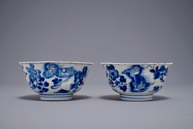 A pair of Chinese blue and white lobed phoenix bowls, Kangxi