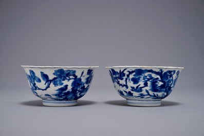 A pair of Chinese blue and white lobed phoenix bowls, Kangxi