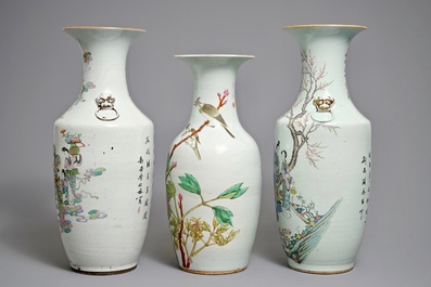 Three Chinese famille rose and qianjiang cai vases, 19/20th C.