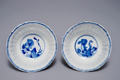 A pair of Chinese blue and white lobed phoenix bowls, Kangxi
