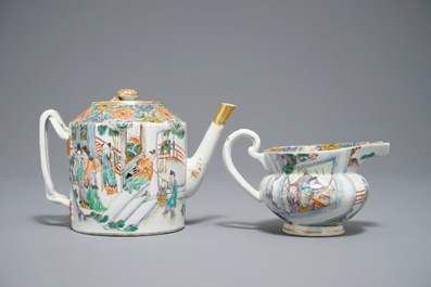 A Chinese famille verte teapot and milk jug, 19th C., and a famille rose cup and saucer, Qianlong