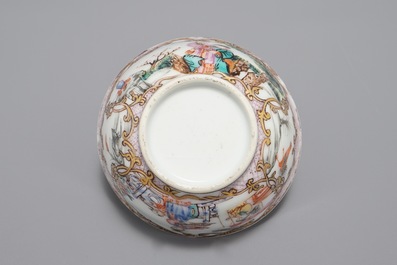 A Chinese famille verte teapot and milk jug, 19th C., and a famille rose cup and saucer, Qianlong
