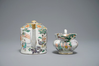 A Chinese famille verte teapot and milk jug, 19th C., and a famille rose cup and saucer, Qianlong