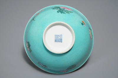 A Chinese famille rose turquoise-ground bowl, Qianlong mark, 19/20th C.