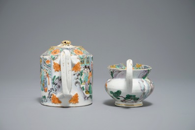 A Chinese famille verte teapot and milk jug, 19th C., and a famille rose cup and saucer, Qianlong