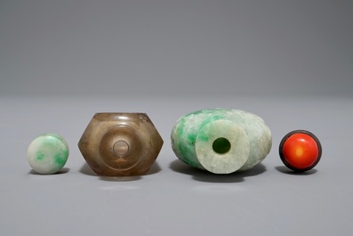 Two Chinese smoked quartz and jadeite snuff bottles, 19/20th C.