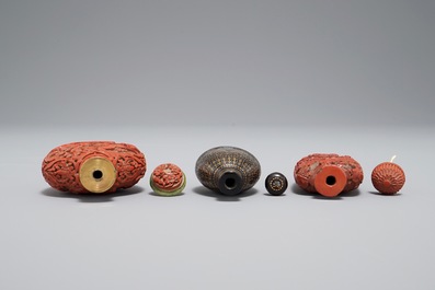 Two Chinese cinnabar lacquer snuff bottles and a Japanese lac burgaute example, 19th C.