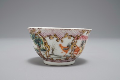 A Chinese famille verte teapot and milk jug, 19th C., and a famille rose cup and saucer, Qianlong