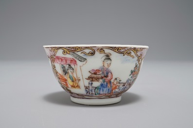 A Chinese famille verte teapot and milk jug, 19th C., and a famille rose cup and saucer, Qianlong