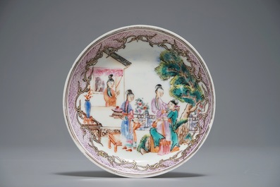 A Chinese famille verte teapot and milk jug, 19th C., and a famille rose cup and saucer, Qianlong