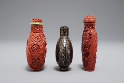 Two Chinese cinnabar lacquer snuff bottles and a Japanese lac burgaute example, 19th C.