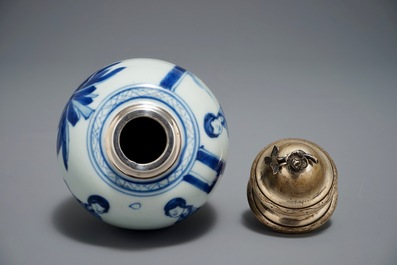 A Chinese blue and white silver-mounted tea caddy with Long Eliza, Kangxi