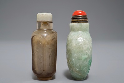 Two Chinese smoked quartz and jadeite snuff bottles, 19/20th C.