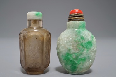 Two Chinese smoked quartz and jadeite snuff bottles, 19/20th C.