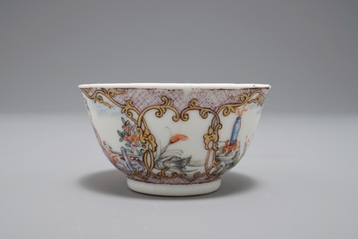 A Chinese famille verte teapot and milk jug, 19th C., and a famille rose cup and saucer, Qianlong