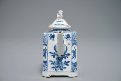 A Chinese blue and white rectangular teapot with landscape design, Kangxi