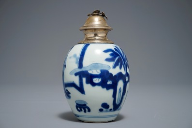 A Chinese blue and white silver-mounted tea caddy with Long Eliza, Kangxi