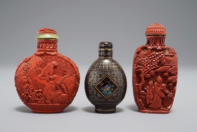 Two Chinese cinnabar lacquer snuff bottles and a Japanese lac burgaute example, 19th C.