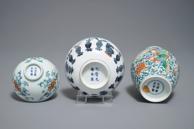 Two Chinese doucai bowls and a vase, Yongzheng and Guangxu marks, 19/20th C.