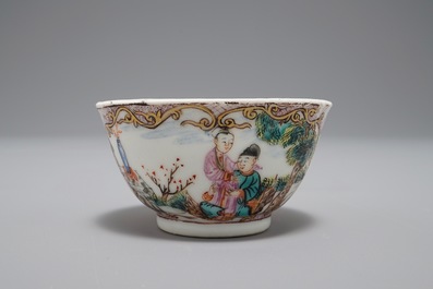 A Chinese famille verte teapot and milk jug, 19th C., and a famille rose cup and saucer, Qianlong