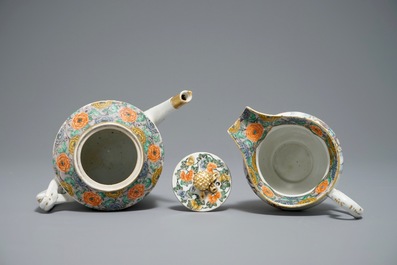 A Chinese famille verte teapot and milk jug, 19th C., and a famille rose cup and saucer, Qianlong