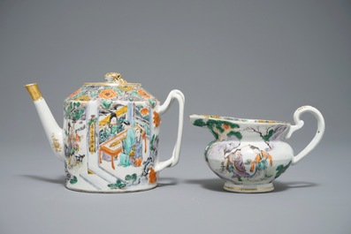 A Chinese famille verte teapot and milk jug, 19th C., and a famille rose cup and saucer, Qianlong