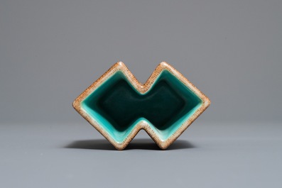 A Chinese double lozenge-shaped faux bois brush pot, Qianlong mark, 19/20th C.