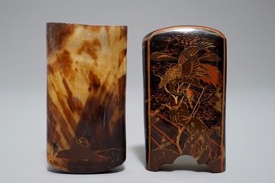 Two Japanese gilt-lacquered tortoise shell and horn spectacle cases, Meiji, 19th C.