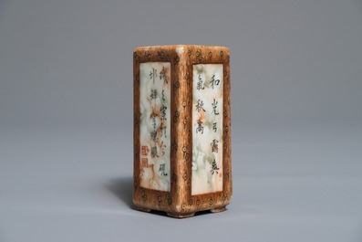 A Chinese double lozenge-shaped faux bois brush pot, Qianlong mark, 19/20th C.