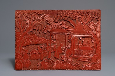 A rectangular Chinese cinnabar lacquer three-tier box and cover with figures in a garden, 19th C.