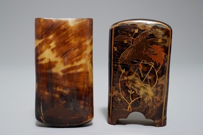 Two Japanese gilt-lacquered tortoise shell and horn spectacle cases, Meiji, 19th C.