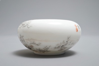 A small Chinese brush washer with a winter landscape, Republic, 20th C.